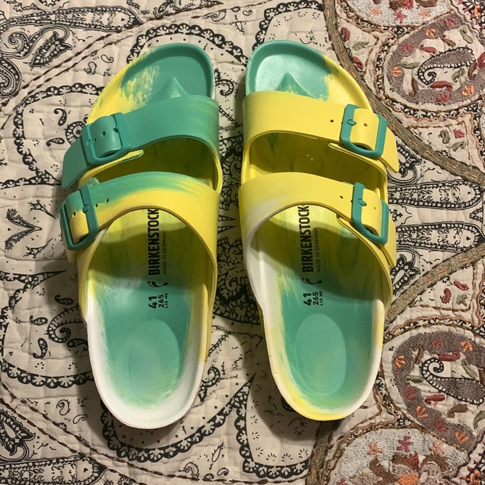 Birkenstock slip on shoes. Green and yellow. Size 10